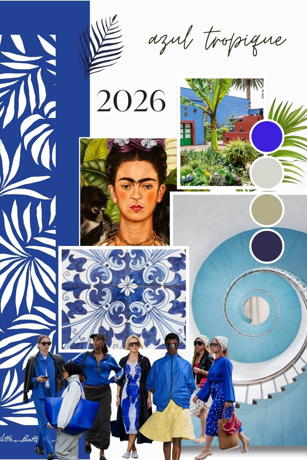 Collage of images with blue and white patterns, people in blue outfits, and a color palette for 2026.