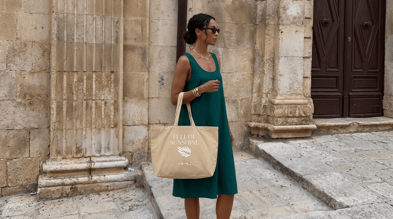 Woman in a green dress holding a beige tote bag with 'full of sunshine' Little Battersea branding.