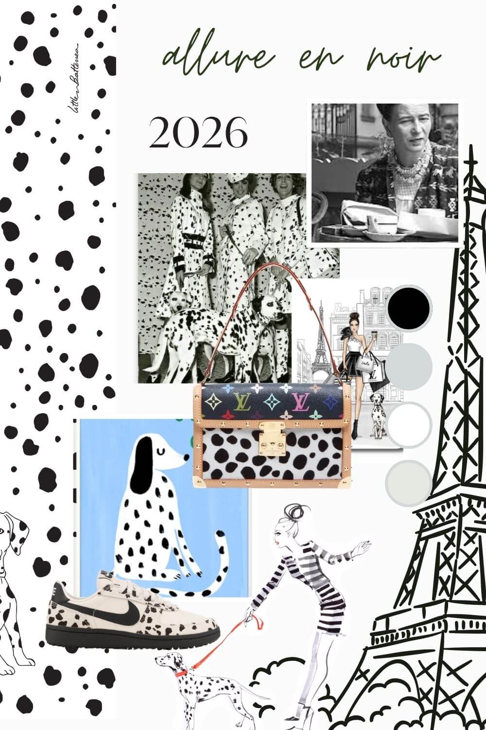 Collage-style calendar with fashion-themed design, including a handbag, Eiffel Tower, and fashion illustrations, with text 'allure en noir 2026'.