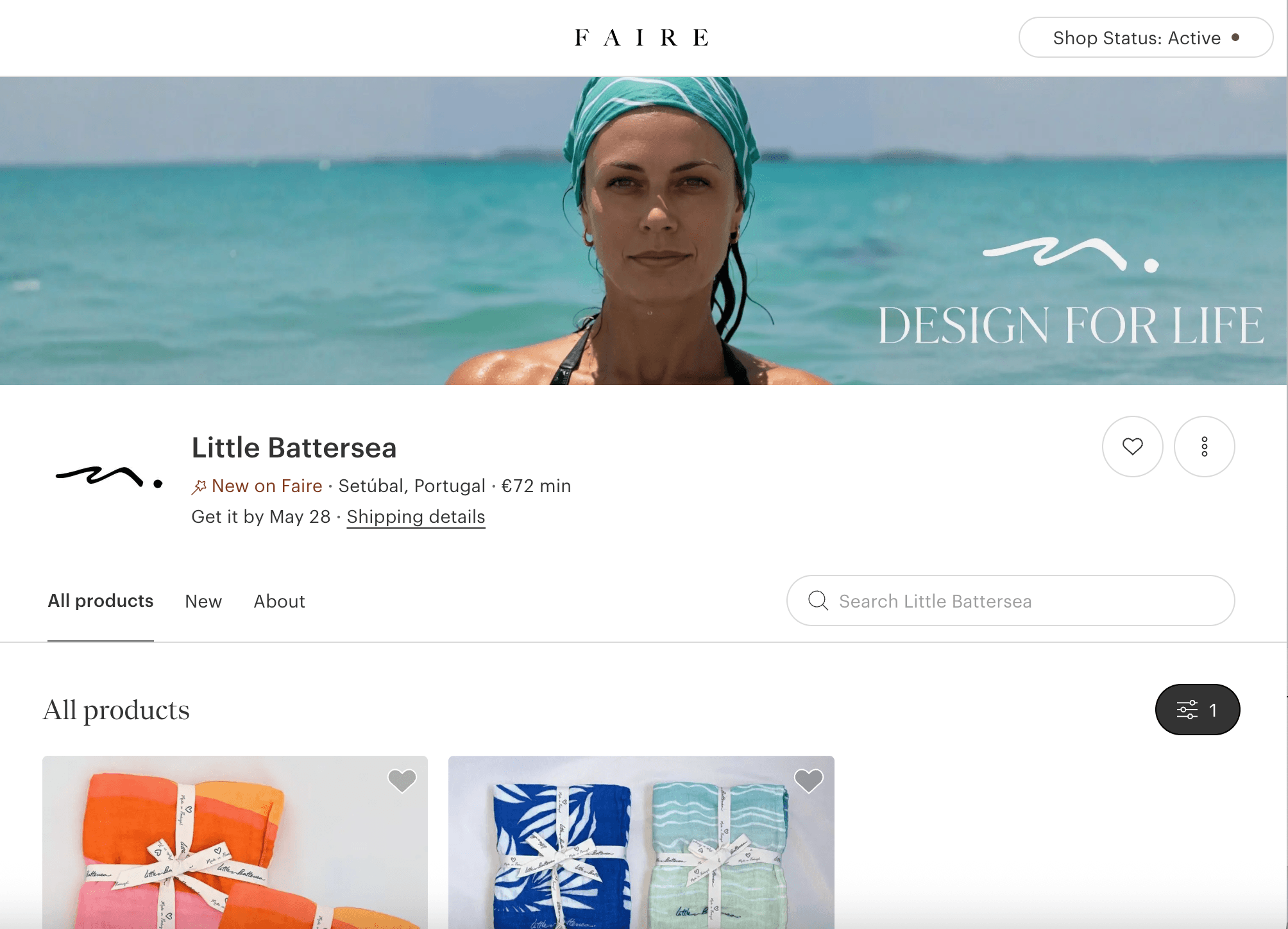 Product page with a woman in a swimsuit and headscarf against a beach background, featuring the Faire platform.