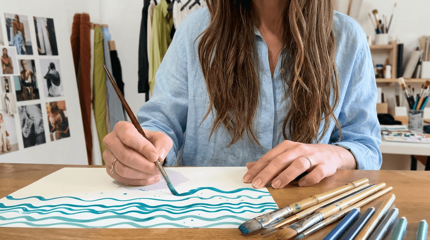 Person painting a wave design on paper with brushes in a creative setting.