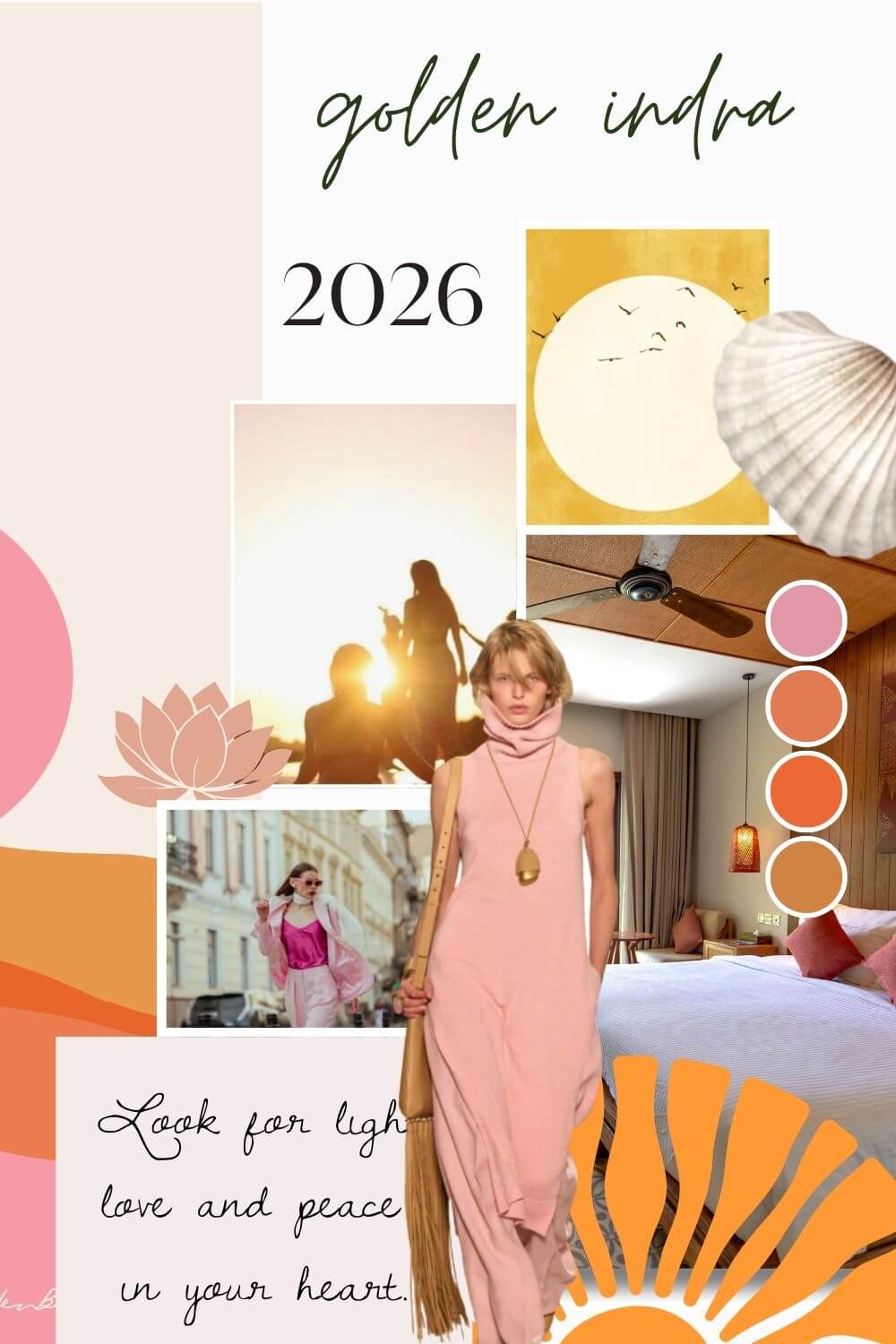 Collage of images with 'golden indra' branding and 2026 text, featuring a woman in a pink dress and various decorative elements.