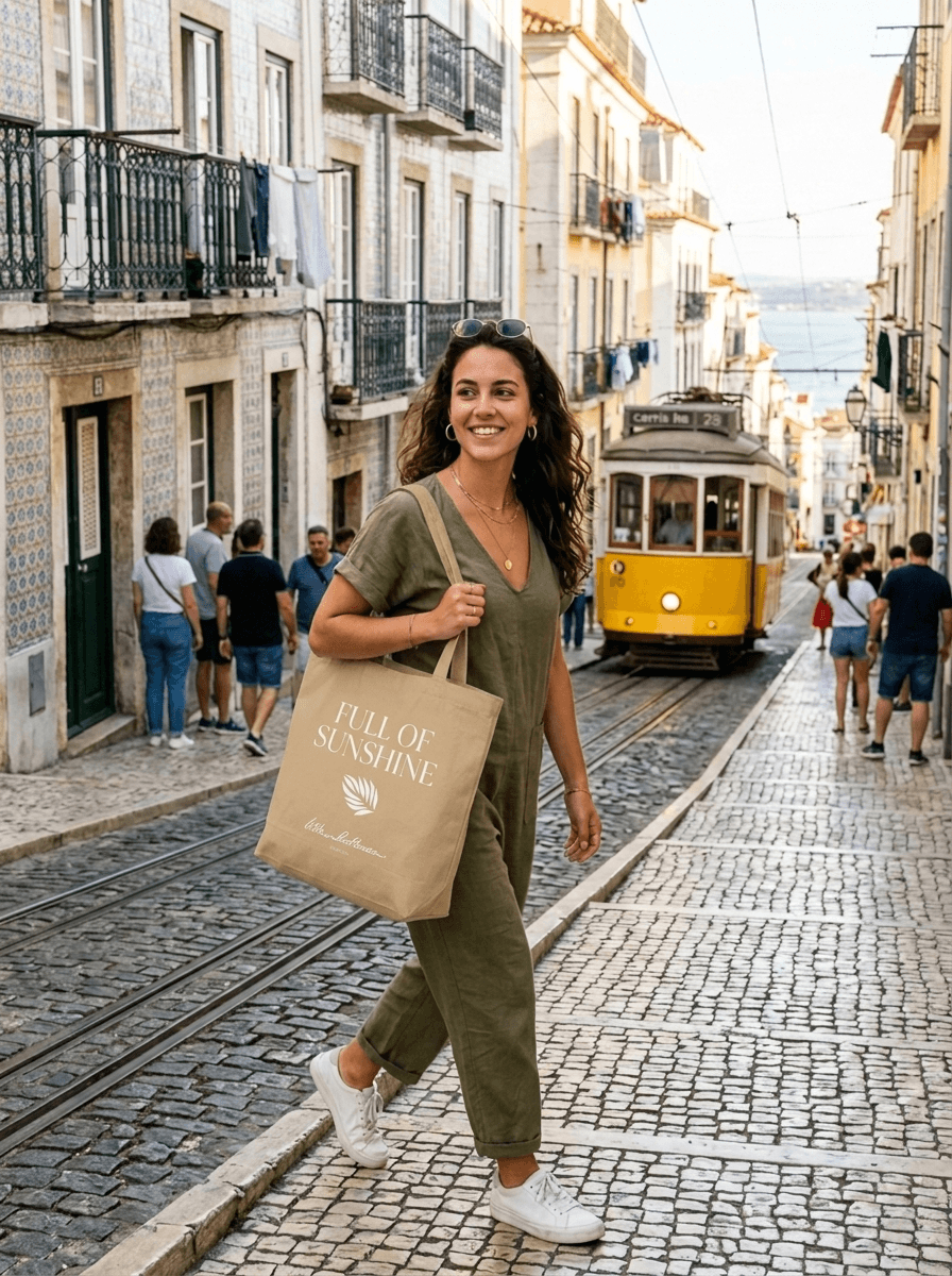 Woman walking on a street with a yellow tram in the background, holding a tote bag.