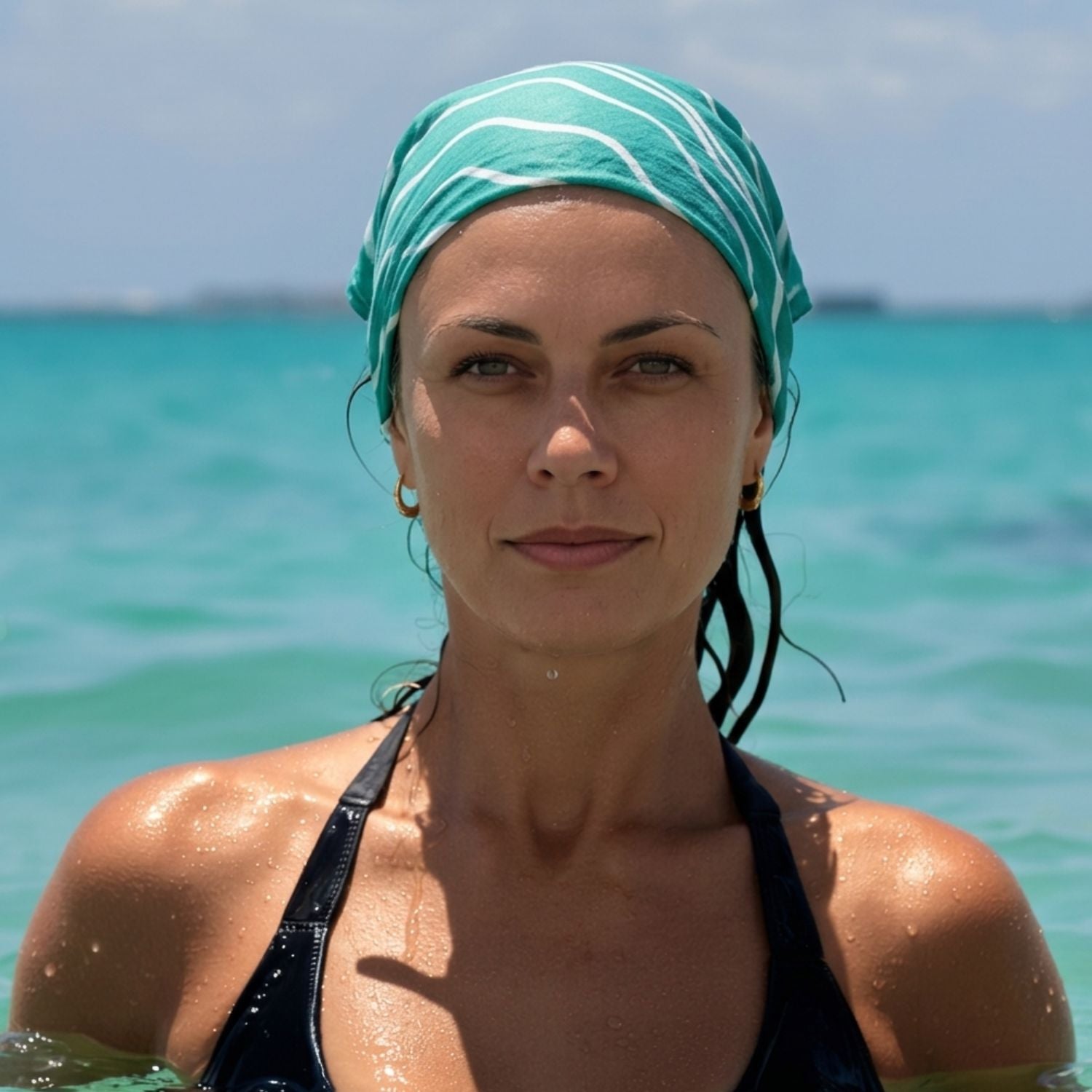 Woman with a green headscarf standing in the ocean