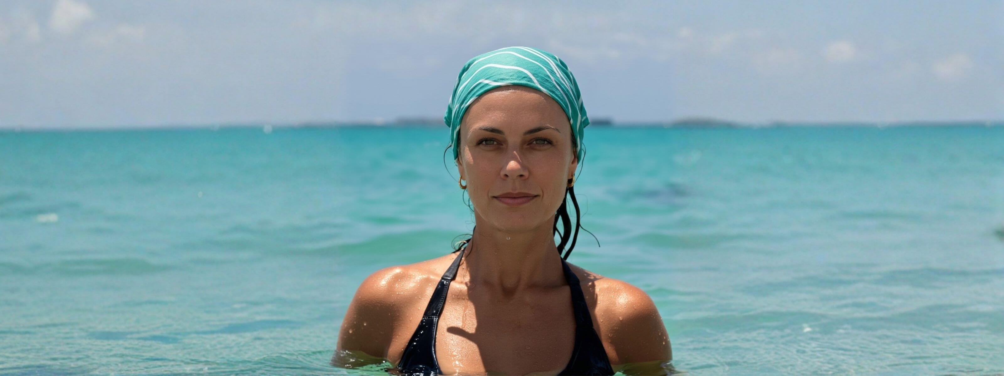 The Small Square Brisa do Mar design worn as a headband by the sea, styled as a lightweight accessory for everyday life.