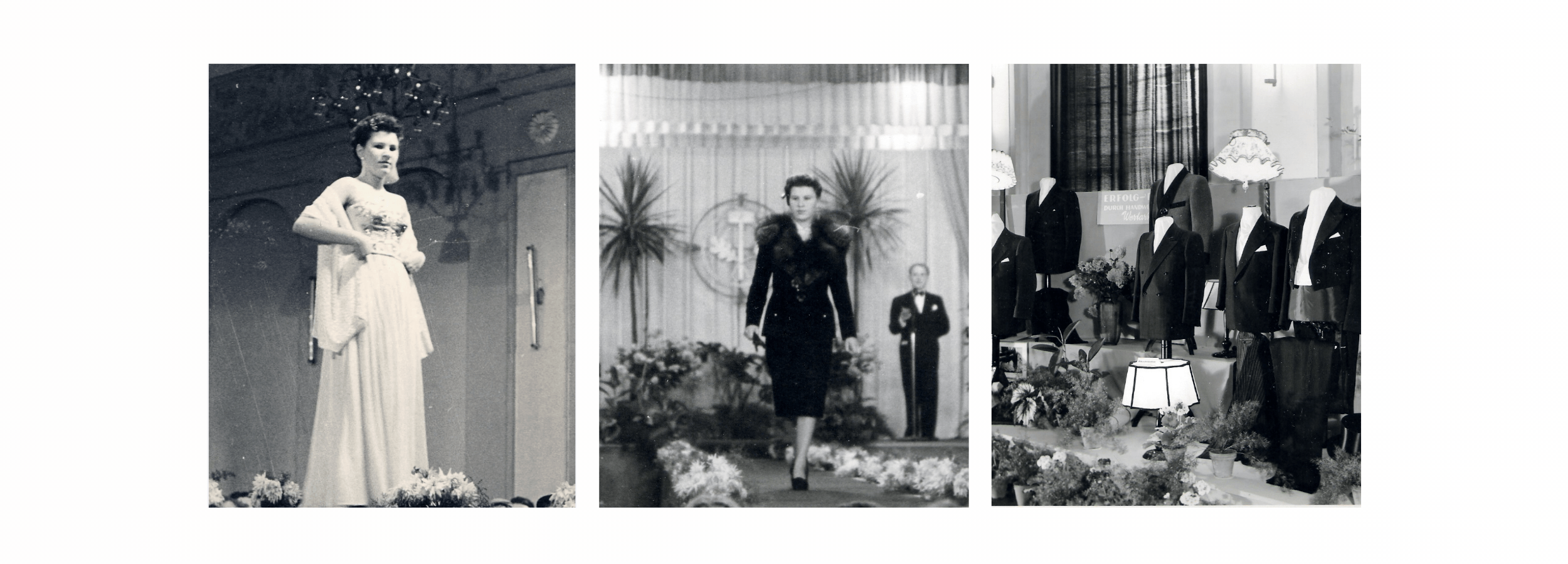 Three black and white images showcasing elegant 1950s haute couture gowns and impeccably tailored suits by Erich and Irene Schwarze, presented in a refined interior. These represent the foundational sartorial legacy inspiring Little Battersea.